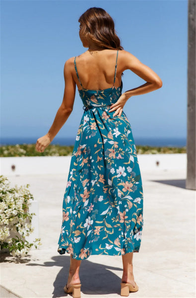 Teal Floral Print Front Twist Slip Dress