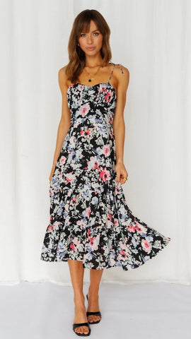 Black Floral Shoulder Tie Midi Dress