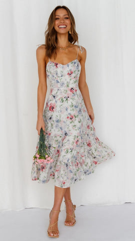 White Floral Shoulder Tie Midi Dress