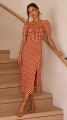 Brown Polka Dot Print Midi Dress