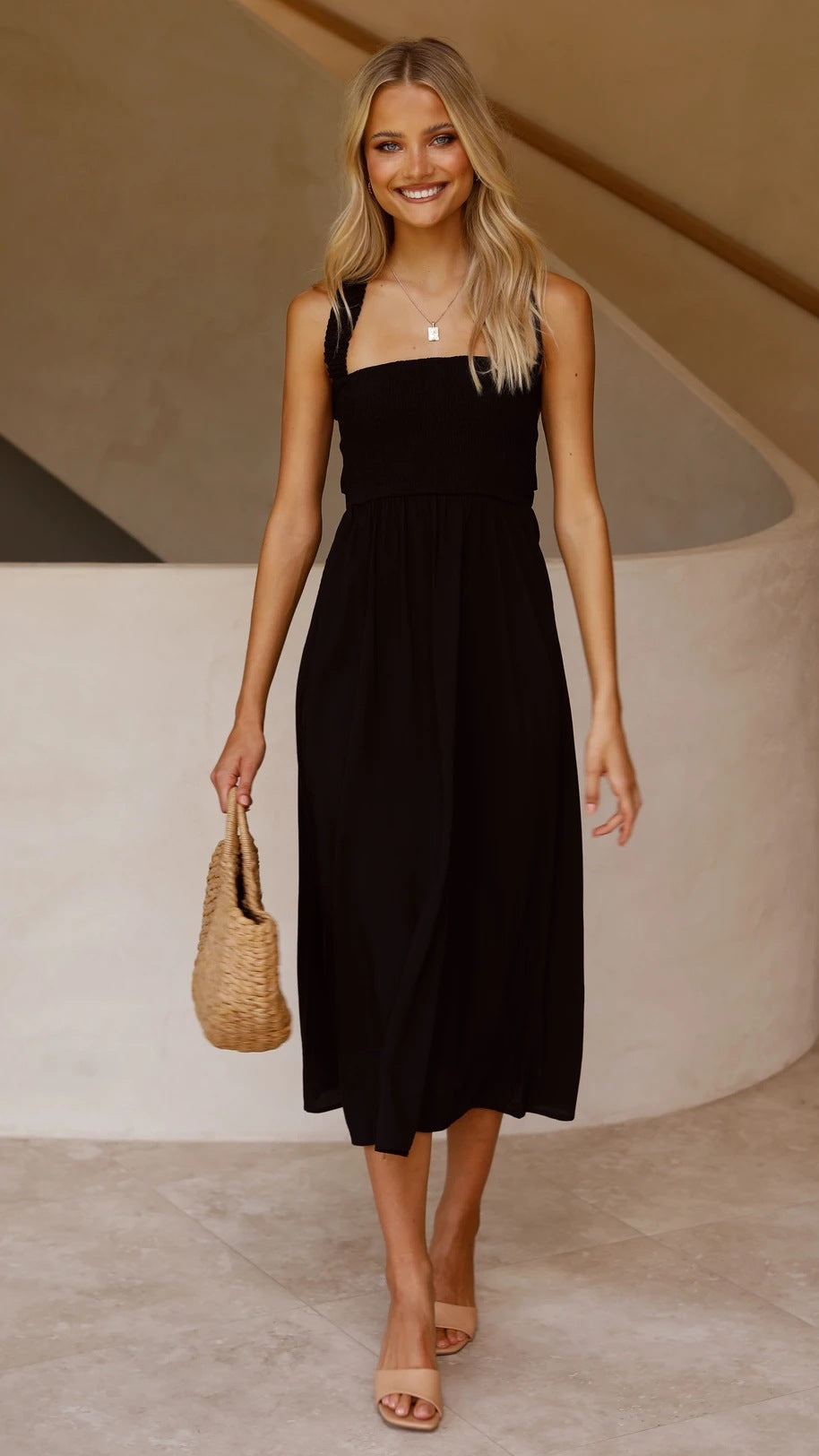 Black Minimal Sleeveless Midi Dress