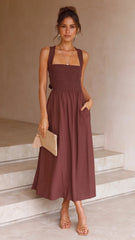Brown Minimal Sleeveless Midi Dress