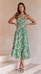 Green Floral Crossover Back Midi Dress