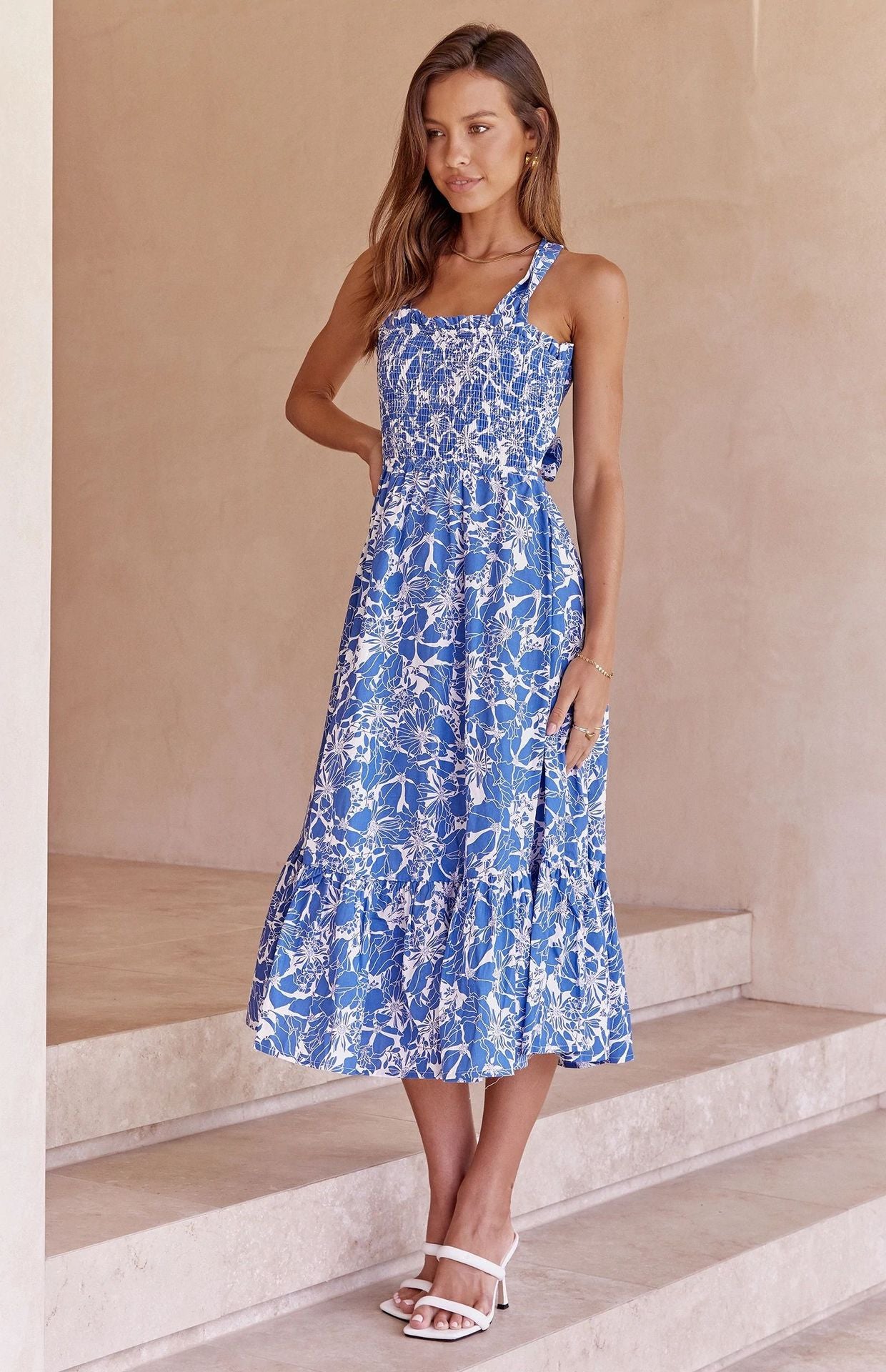 Blue Floral Crossover Back Midi Dress
