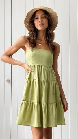 Green Solid Back Tie Slip Dress