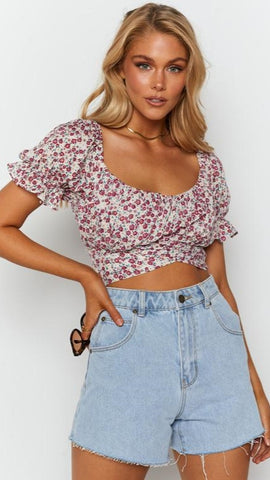 Purple Floral Back Knot Crop Top