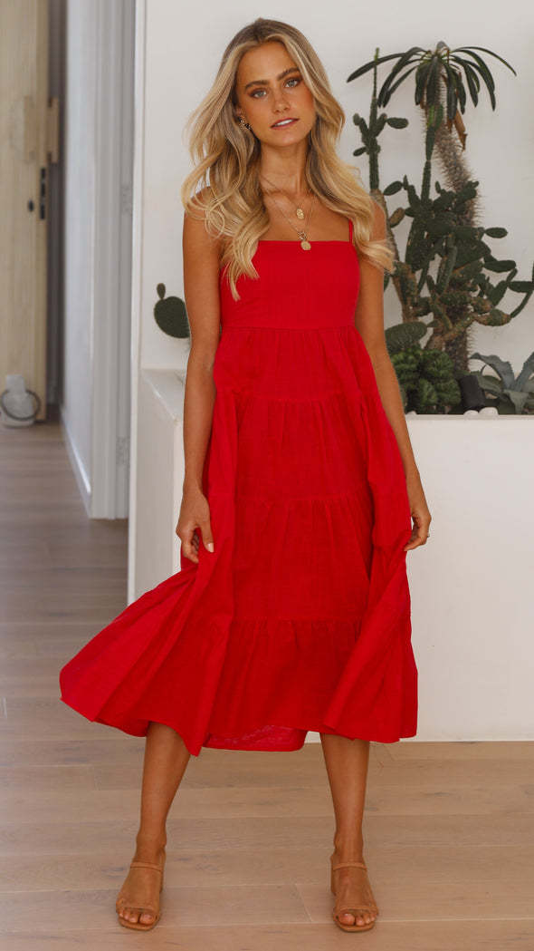 Red Tiered Slip Midi Dress