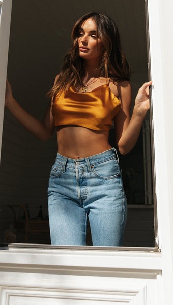 Orange Back Knot Satin Crop Top