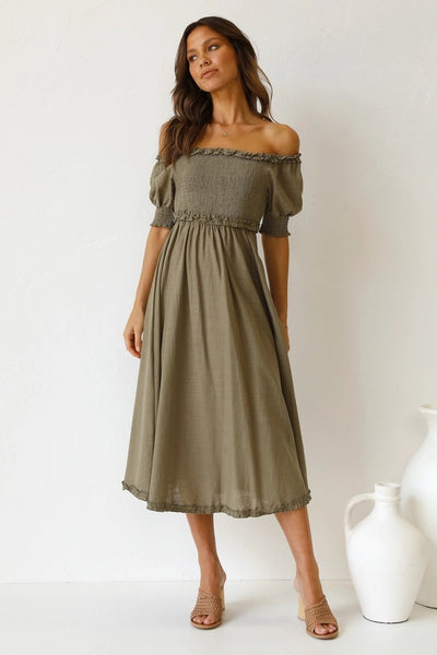 Olive Green Smocked Midi Dress