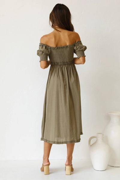 Olive Green Smocked Midi Dress