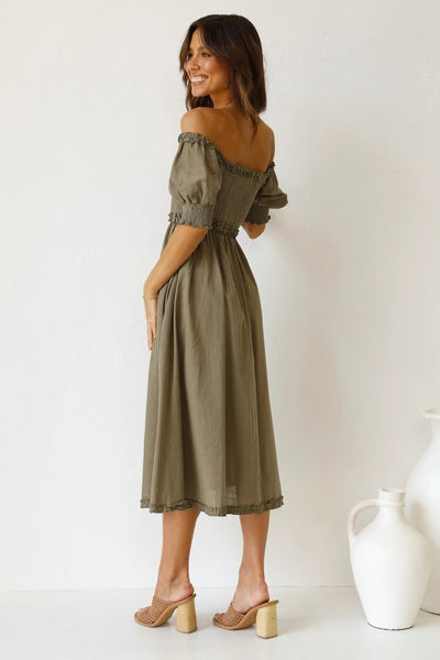 Olive Green Smocked Midi Dress