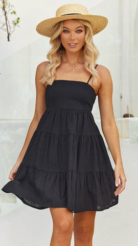 Black Solid Back Tie Slip Dress