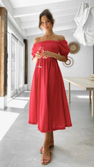 Red Off Shoulder Smocked Midi Dress