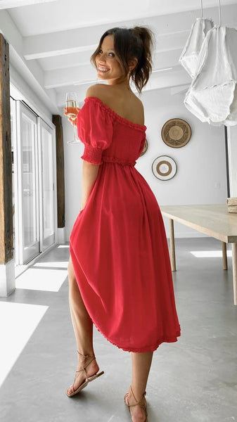 Red Off Shoulder Smocked Midi Dress