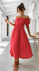Red Off Shoulder Smocked Midi Dress
