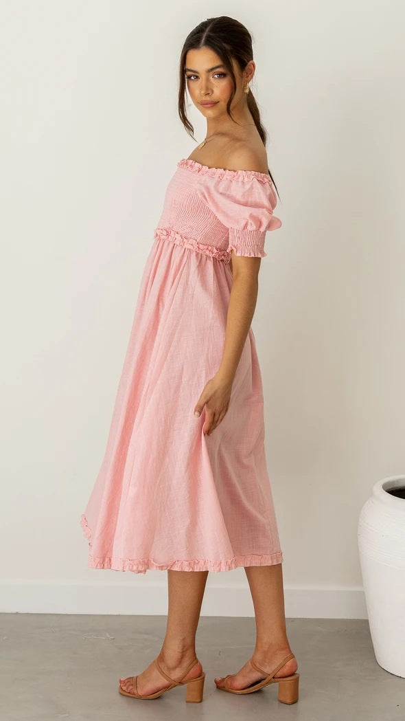 Blush Pink Smocked Midi Dress