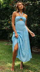 Blue Plaid Textured Halter Dress