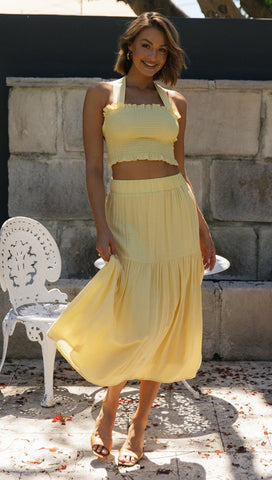 Yellow Smocked Crop Top and Skirt Sets