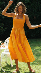 Orange Smocked Halter Midi Dress
