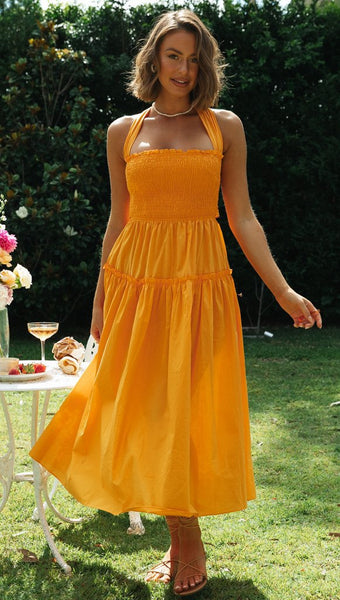 Orange Smocked Halter Midi Dress