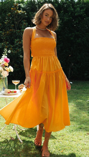 Orange Smocked Halter Midi Dress