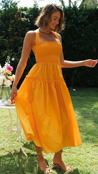 Orange Smocked Halter Midi Dress