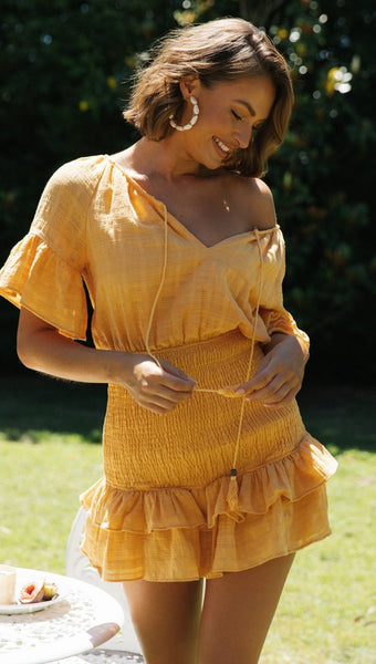 Orange Smocked Neck Tie Mini Dress