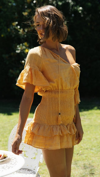 Orange Smocked Neck Tie Mini Dress