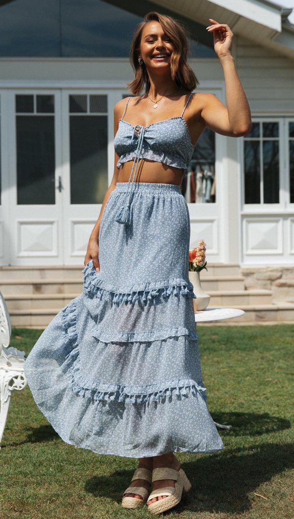 Blue Floral Crop Top and Skirt Sets