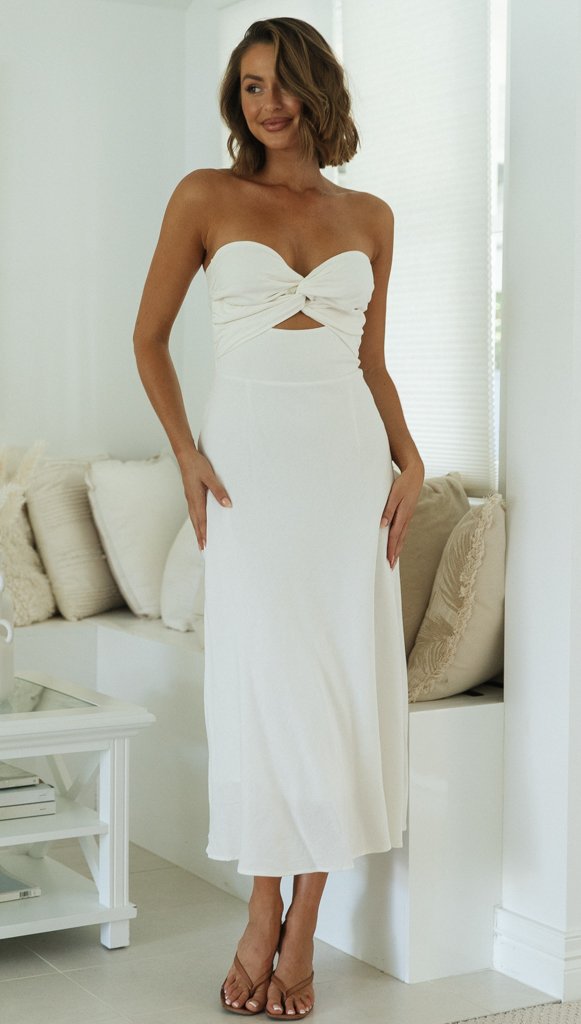 White Strapless Front Twist Midi Dress Gabi Swimwear White Strapless Front Twist Midi Dress Gabi Swimwear