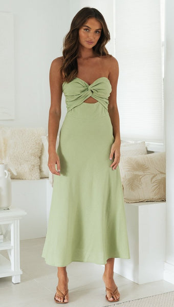 Green Strapless Front Twist Midi Dress