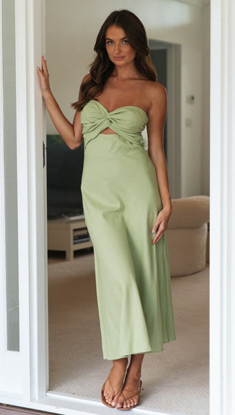 Green Strapless Front Twist Midi Dress