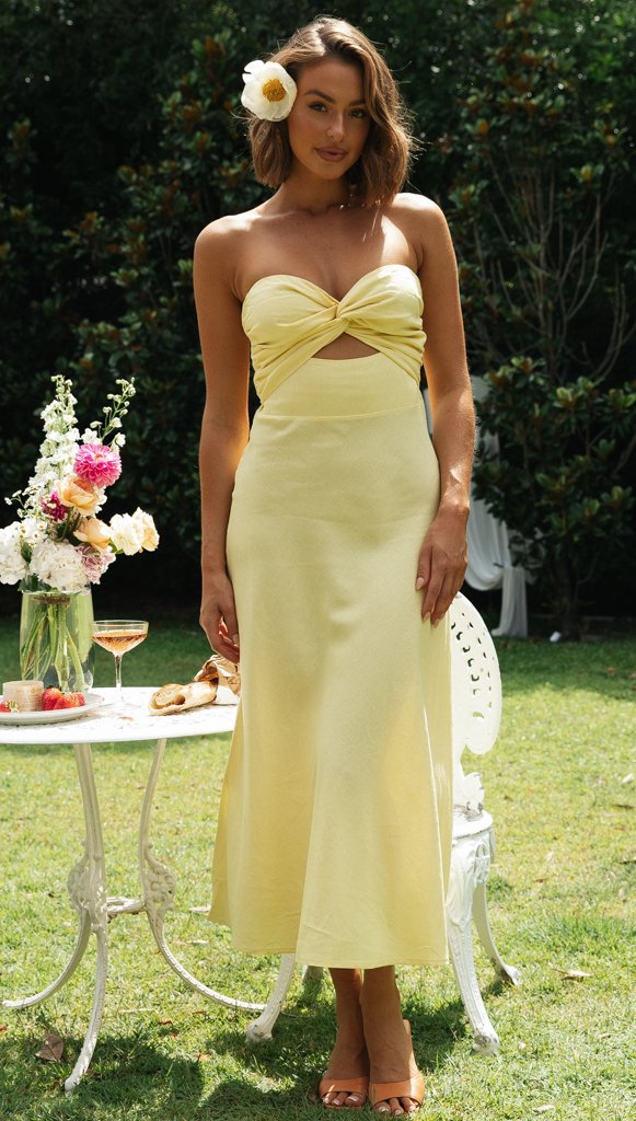 Yellow Strapless Front Twist Midi Dress – Gabi Swimwear Yellow Strapless Front Twist Midi Dress – Gabi Swimwear