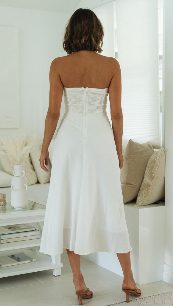 White Strapless Front Twist Midi Dress Gabi Swimwear White Strapless Front Twist Midi Dress Gabi Swimwear