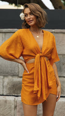 Orange Front Tie Cutout Mini Dress