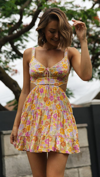 Orange Floral Cutout Mini Dress