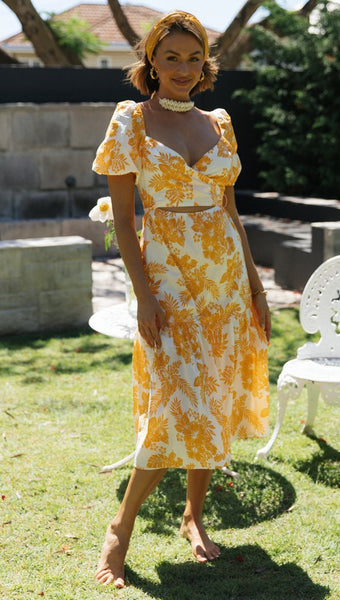 Orange Floral Sweetheart Neckline Dress