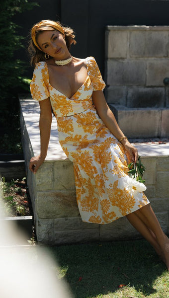 Orange Floral Sweetheart Neckline Dress