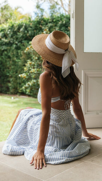 Blue Pinstriped Back Tie Midi Dress