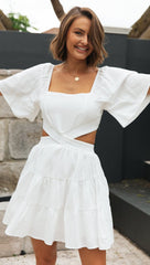 White Cutout Waist Mini Dress