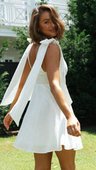 White Shoulder Tie Mini Dress