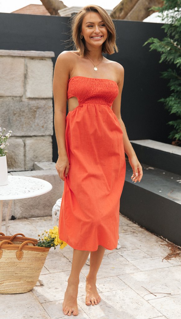 Orange Smocked Off Shoulder Midi Dress