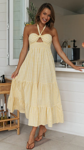 Yellow Plaid Halter Midi Dress