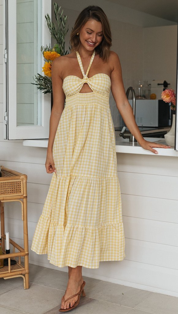 yellow gingham halter dress Yellow Gingham Halter Dress With Tiered Skirt