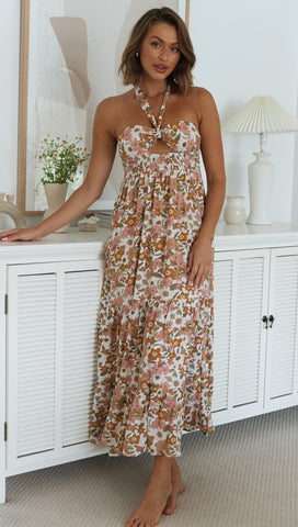 Retro Floral Halter Midi Dress