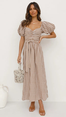 Brown Plaid Print Midi Dress