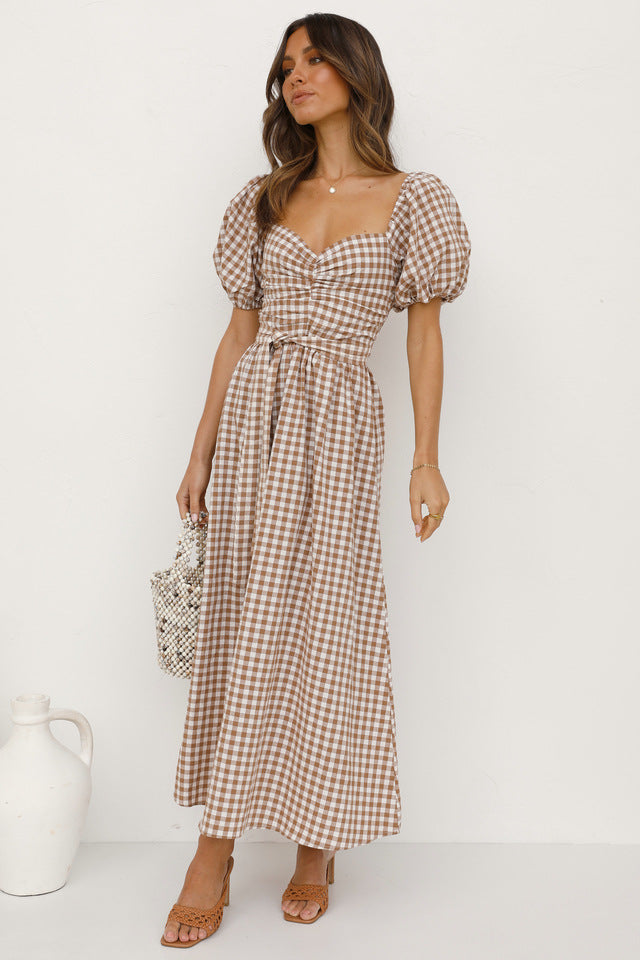 Brown Plaid Print Midi Dress