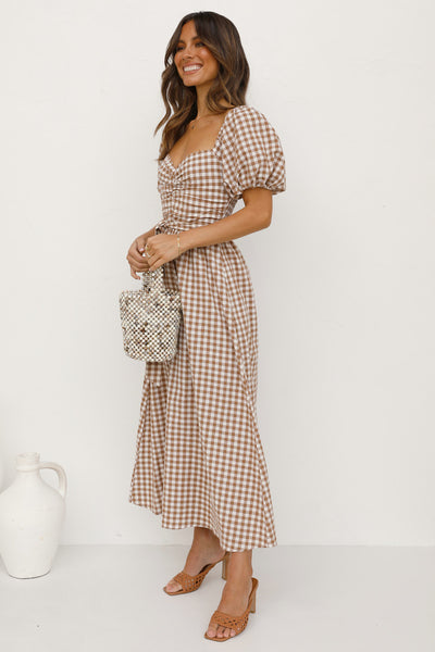 Brown Plaid Print Midi Dress