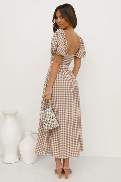 Brown Plaid Print Midi Dress