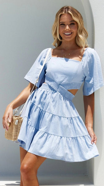 Blue Cutout Waist Mini Dress